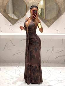 Slaydiva New Summer/Fall Women's Halter Neck Backless Ruched Deep V-Neck Mermaid Dress/Elegant/Party/Festival/Vacation/Concert/Rave/Wedding Guest/Brown Floral - Rust Brown - View 5