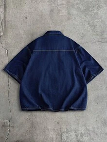 AXEPEAK 男士休閒日常丹寧套裝，含領子襯衫與短褲 - 藏蓝色 - 查看 4