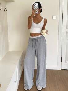 SHEIN EZwear 女款蕾絲飾邊抽繩腰休閒百搭日常穿著長褲 - 淺灰色 - 查看 5