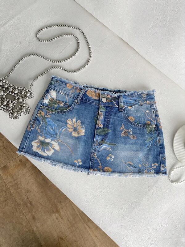 Elamini Women's Floral Pattern Frayed Hem Ultra Low Waist Denim Mini Skirt