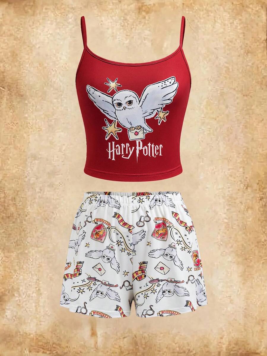 HARRY POTTER X SHEIN Damen Spaghetti-Träger ärmelloses thematisches Modedesign Pyjama Set, Sommer - Rot - Übersicht 1