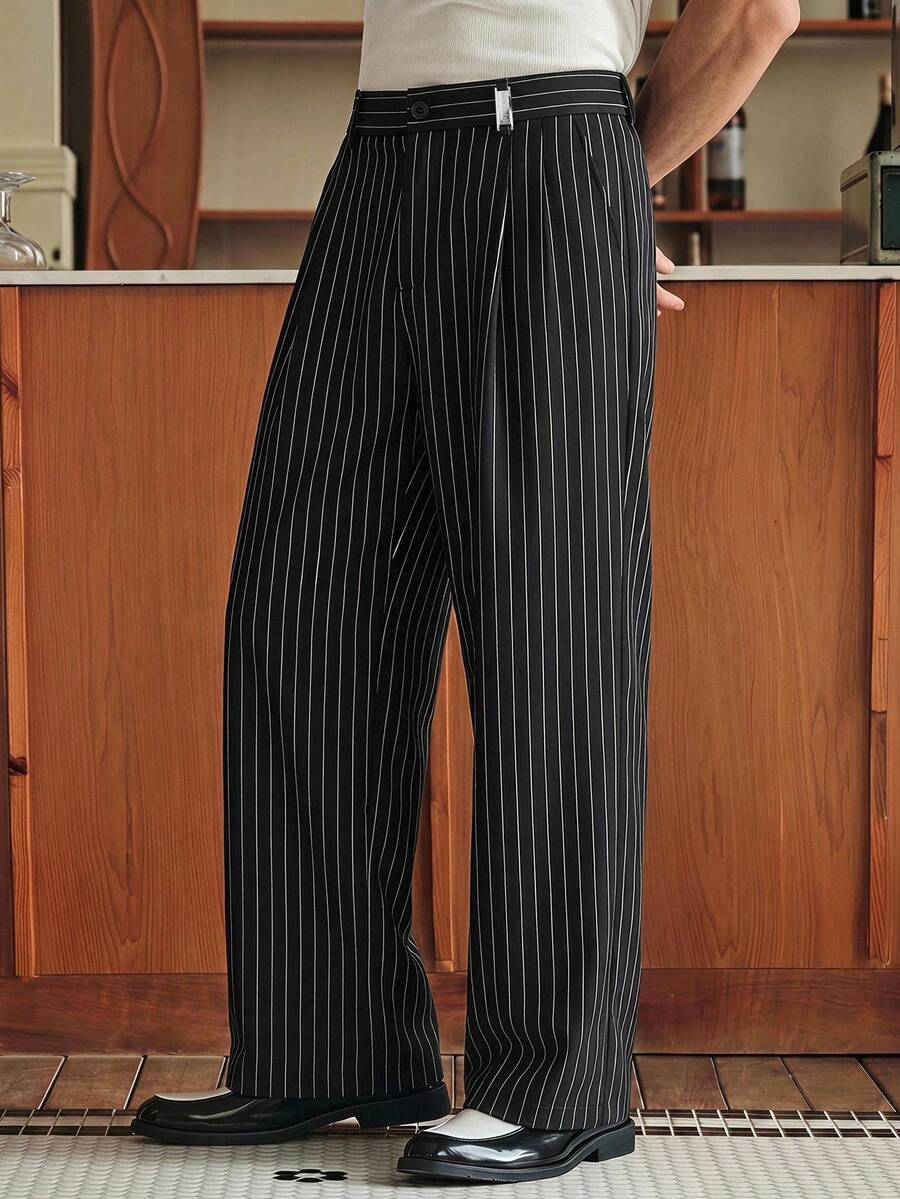 SWAVVY Men's Fashion Commuter Striped Suit Pants - Black and White - View 1