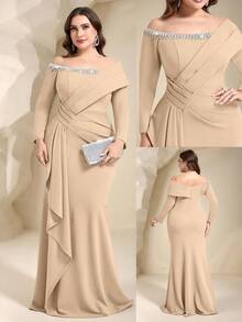 Coutiva Vestido de Noche Formal Plisado con Adornos de Strass Talla Grande (Estilo de Trabajo Pesado) - Albaricoque - Ver 3