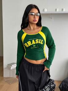 Coolane Damen Große Größen Herbst Streetwear Anti Social Smart Lässig Baggy Vintage Ausgehen Fitness Sport Club Urlaub Baumwolle Gelb Grün Farbblock Jersey Top - Grün - Übersicht 8