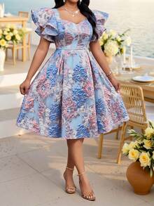 Fleurora Plus Size Women's Jacquard Pleated Fashion Date Formal Christening Guest Summer Dress Wedding Sky Blue Elegant Wedding Wedding - Blue - View 4