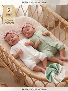 SHEIN Playful Pals 2pcs/Set Newborn Girl Jumpsuit Cute Bow Front Ribbed Short Sleeve Romper Cotton - Green - View 4