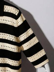 SHEIN Clasi Cardigan tricoté élégant et romantique à rayures et couleurs contrastées, simple boutonnage - Beige - Voir 6