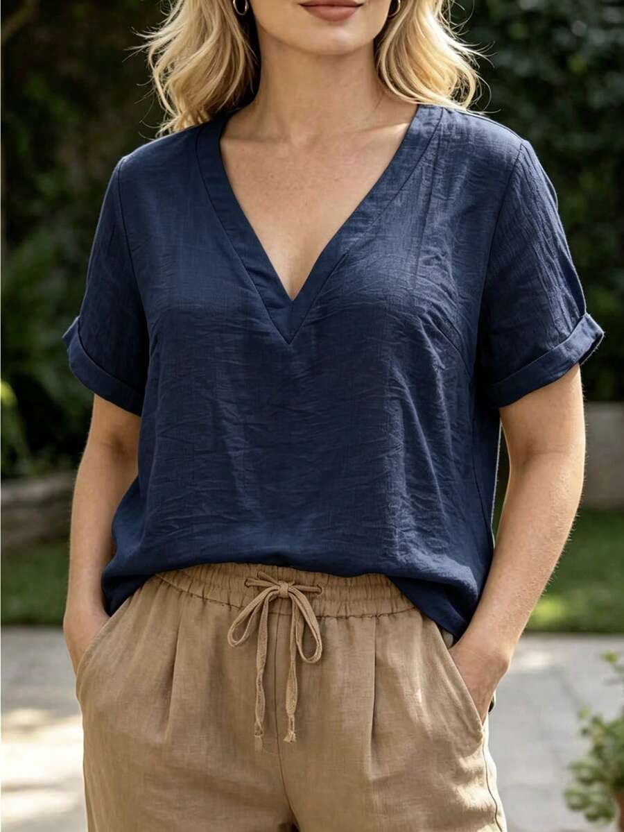 Linhara CURVE Plus Size Summer Casual Versatile Solid Color Short Sleeve Shirt - Navy Blue - View 1