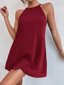 SHEIN PETITE 女款夏季短洋裝，鎖孔露背設計，適合小個子女性 - 酒紅色 - 查看 5