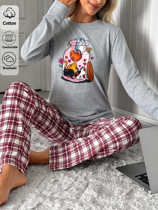 SHEIN Women Cotton 2Pcs Grey Cat Pattern Long Sleeve Top With Plaid Sleep Bottom Pajama Set