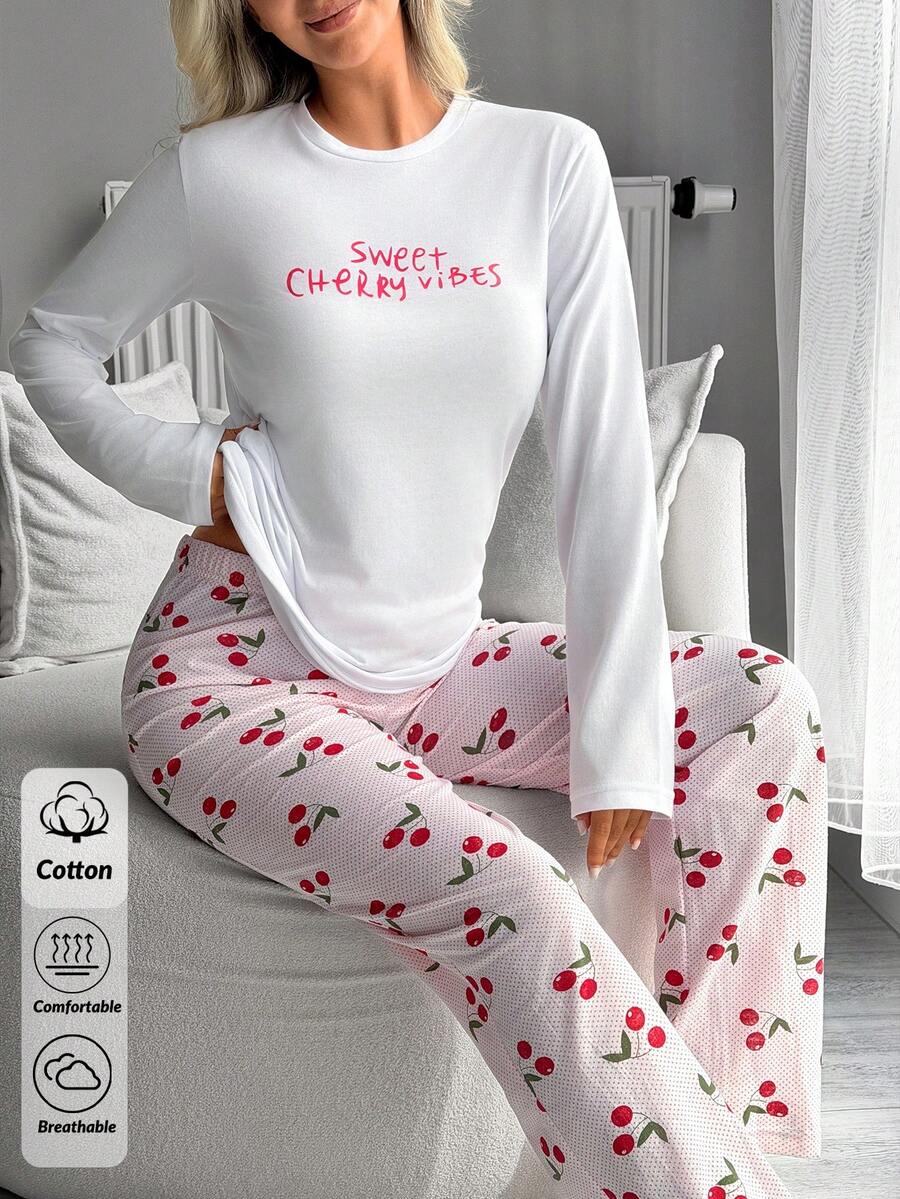 SHEIN 女款純棉2件組字母印花長袖上衣與櫻桃印花長褲睡衣套裝 - 彩色 - 查看 1