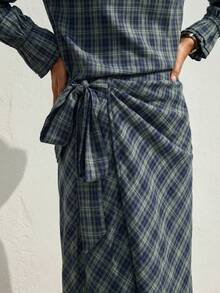 Nöista Green Plaid Blouse And Wrap Skirt Set. Fall, Office Wear, Dinner Plans And Elegant Style. - Green - View 4