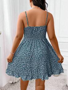 Elenzga Plus Ditsy Floral Print Tie Front Ruffle Hem Cami Dress Vacation Beach Outfits Women - Blue - View 2