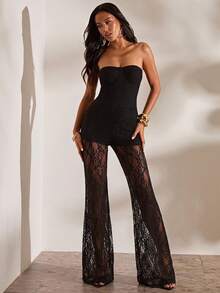 Opulessa Jumpsuit Bandeau Renda Warna Polos Seksi untuk Wanita, Musim Panas - Hitam - View 6