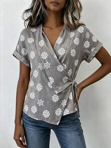 SHEIN 女款全印花側綁帶短袖休閒襯衫 - 灰色 - 查看 4