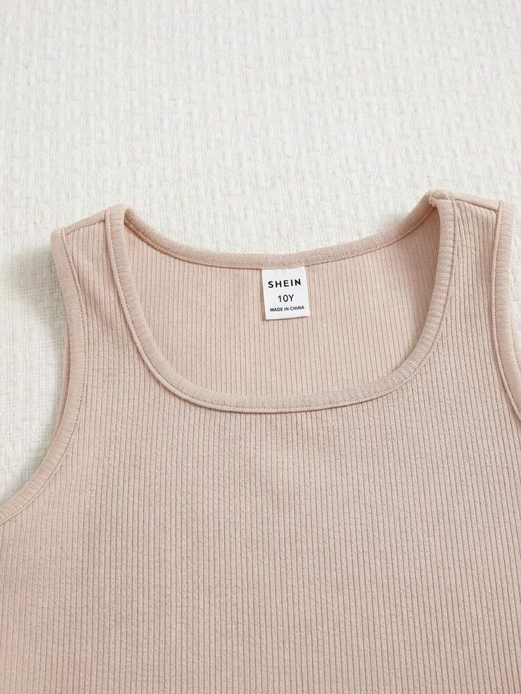 SHEIN Conjunto de 2 piezas de top de tirantes de punto ajustado y shorts de color liso casual para niña preadolescente - Albaricoque - Añade 4