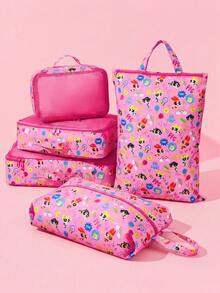 THE POWERPUFF GIRLS X SHEIN 粉色彩虹女孩卡通印花旅行收納整理袋，多尺寸拉鍊收納包，可單件或套裝購買，適合行李打包衣物分類 - 淺粉色 - 查看 2