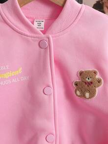 Chaqueta de béisbol casual simple con parches de oso para niña preadolescente, otoño/invierno - Rosa - Ver 4