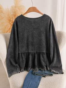CosyJoli Plus Size Washed Snowflake Long Sleeve T-Shirt, Ruffle Trim T-Shirt, Casual Women's Autumn Long Sleeve Top - Black - View 2