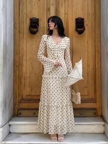Enchnt Premium Otoño Romántico Vintage Vestido Elegante de Mujer con Estampado de Lunares Blancos y Negros, Cuello con Volantes, Atuendos Sociales, Ropa de Viaje, Ropa Formal - Blanco - Ver 6