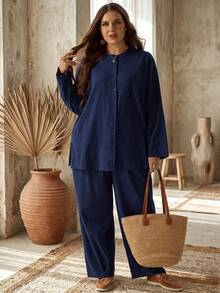 EMERY ROSE Plus Size Women Solid Color Single-Breasted Long Sleeve Top And Pants Casual Elegant Everyday 2 Pieces Set Autumn Outfit Navy Blue Fall Lounge Formal - Navy Blue - View 6