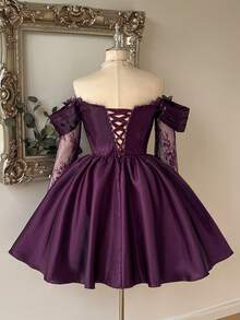Lovelzi Plus Size Dark Purple Elegant Cold Shoulder French Lace Patchwork Long Sleeve Bustier A-Line Short Dress Party Dinner Evening Fall New Year - Burgundy - View 4