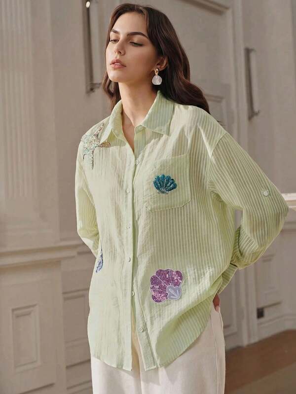 Anewsta Women's Elegant Casual Versatile Commuting Striped Shirt, Embroidered Sequins Shirt