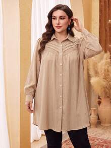 Lacomfia Plus Size Women Solid Color Contrast Lace Long Sleeve Single-Breasted Blouse - Apricot - View 1