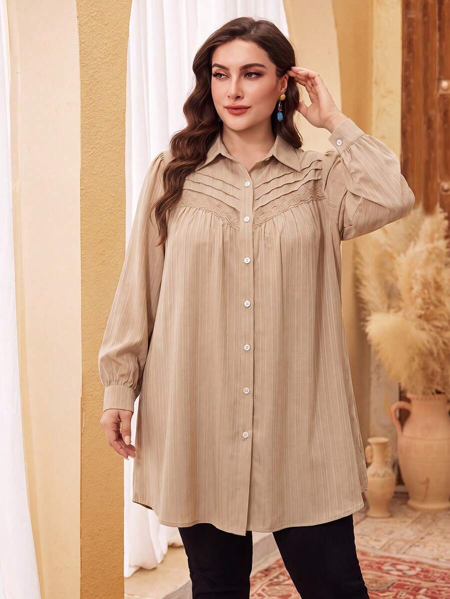 Lacomfia Plus Size Women Solid Color Contrast Lace Long Sleeve Single-Breasted Blouse - Apricot - View 1