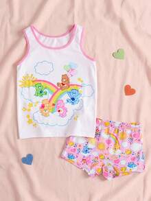 SHEIN X Care Bears Young Girl Piped Round Neck Tank Top Undershirt - Pink - View 1