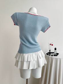 Elamini Y2K Cute Color Block Lace Up Front Square Neck Cropped Knit Tee Short Sleeve Slim Fit Top Brunch Blue Summer - Blue - View 2