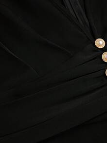 Sweetra Plus Size Deep V-Neck Pleated Short Sleeve Jumpsuit With Faux Pearl Buttons, Straight Leg Pants, Elegant Traditional Retro French Style, Black Summer - Black - View 9