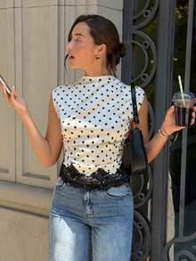 Siren Gaze Women's White With Black Polka Dots With Stand Collar Irregular Ruffle Lace Splice Elegant Romantic Casual Summer Office Brunch Tea Party Blouse Top - Multicolor - View 6