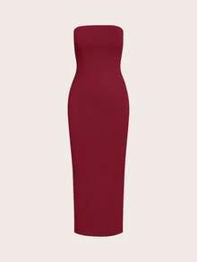 SHEIN BASICS 女款無肩帶修身貼身休閒晚餐棉質洋裝 夏季女裝 - 紅色 - 查看 7
