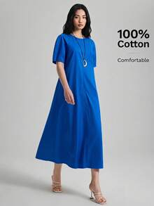 Ontre 皇家藍夏季女款端莊度假洋裝，克ريب綢船領泡泡袖露背蝴蝶結收腰喇叭下擺口袋洋裝，現代度假風 - 藏蓝色 - 查看 3