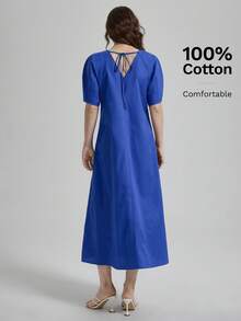 Ontre 皇家藍夏季女款端莊度假洋裝，克ريب綢船領泡泡袖露背蝴蝶結收腰喇叭下擺口袋洋裝，現代度假風 - 藏蓝色 - 查看 4