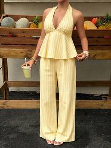 Sunnyshic 女款春夏棕色與白色條紋亞麻紋理布料V領掛脖綁帶露背荷葉邊修飾加長版背心上衣2件套，度假通勤辦公極簡購物約會日常出行百搭 - 黃色 - 查看 5