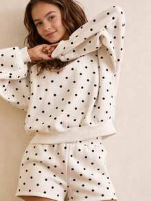 SHEIN Tween Girls Autumn Outfits 2pcs/Set Off-White Polka Dot Print Sweatshirt Mini Set, Loose Round Neck Sweatshirt + Shorts School Student Cute - Beige - View 2