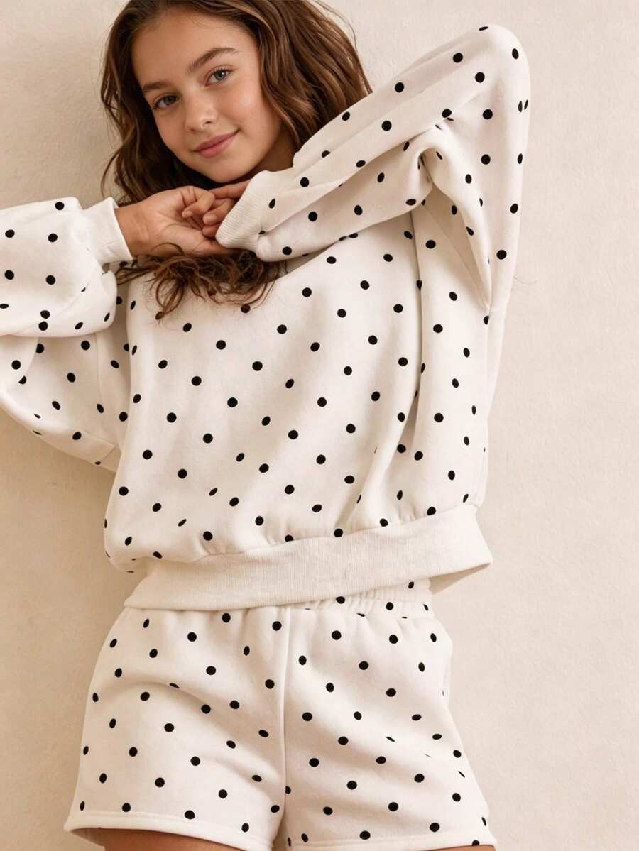 SHEIN Tween Girls Autumn Outfits 2pcs/Set Off-White Polka Dot Print Sweatshirt Mini Set, Loose Round Neck Sweatshirt + Shorts School Student Cute