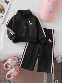 SHEIN Playful Pals 秋冬女嬰粉色運動風刺繡立領拉鍊長袖運動衫套裝，簡約舒適 - 黑色 - 查看 3