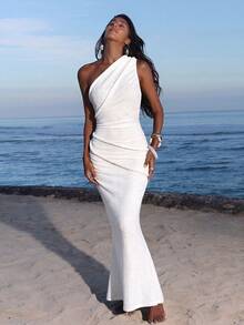 Opulessa Spring/Summer Vacation Knitted One-Shoulder Fitted Dress For Women Beach Vacation White Sexy Tropical - White - View 6