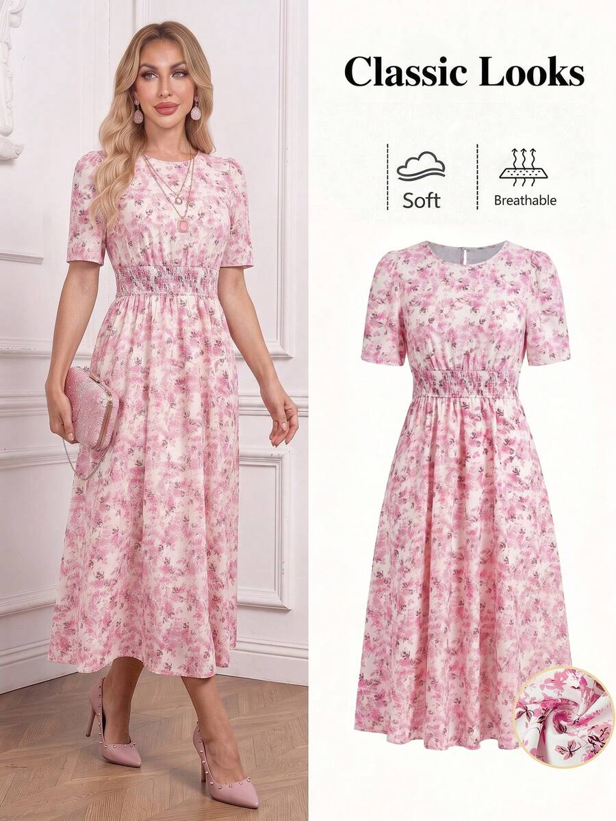 Ellevyn Gathered Waist Scoop Neck Sundress, Romantic Holiday Dress - Apricot - View 1