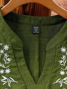 SHEIN LUNE CURVE 大尺碼女款刺繡春夏季浪漫時尚百搭休閒通勤襯衫 - 軍綠色 - 查看 6
