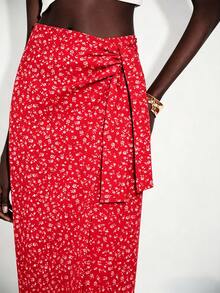 SHEIN x Tata & Beatriz Lumivelle 女款優雅深咖啡色高腰開衩綁帶抓褶不對稱緊身連身裙，度假穿搭 - 酒紅色 - 查看 5