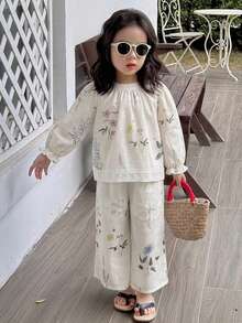 Dazy Kids 女童秋季圓領滿版印花無袖上衣＋長褲 梭織春夏兩件套 - 米色 - 查看 4