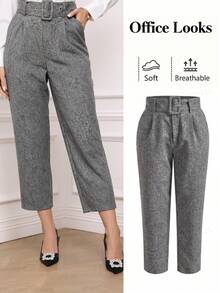 Ellevyn Pantalones elegantes para mujer - De color gris florido, largo, con cinturón de cintura ajustable, adecuados para el uso diario en la oficina o para desplazamientos - Gris - Ver 1