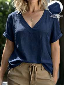 Linhara CURVE Plus Size Summer Casual Versatile Solid Color Short Sleeve Shirt - Navy Blue - View 1