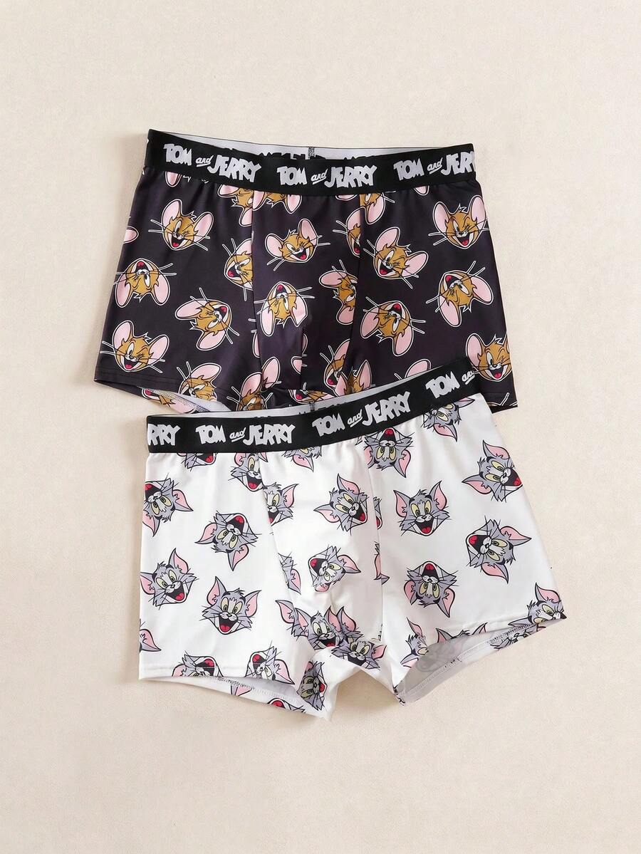 TOM & JERRY X SHEIN 2条装男士黑白撞色字母腰带印花舒适平角内裤,趣味卡通图案,适合男士穿着。 - 黑與白 - 查看 1