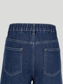 SHEIN 青少年女孩牛仔褲夏季新品，青少年女孩牛仔褲，淺藍色水洗牛仔色，休閒舒適，寬鬆寬腿版型，舒適棉質牛仔布料，居家日常上學通勤派對穿搭，青少年女孩牛仔短褲 - 深色水洗藍 - 查看 5