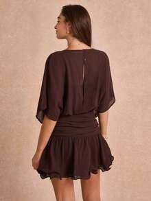 Enchnt Premium Pre-Fall Romantic Women's Elegant Brown Slimming Batwing Sleeve Ruffle Short Dress,Casual Dress,Work Outfits,Women's Formal Wear,Office - Brown - View 8